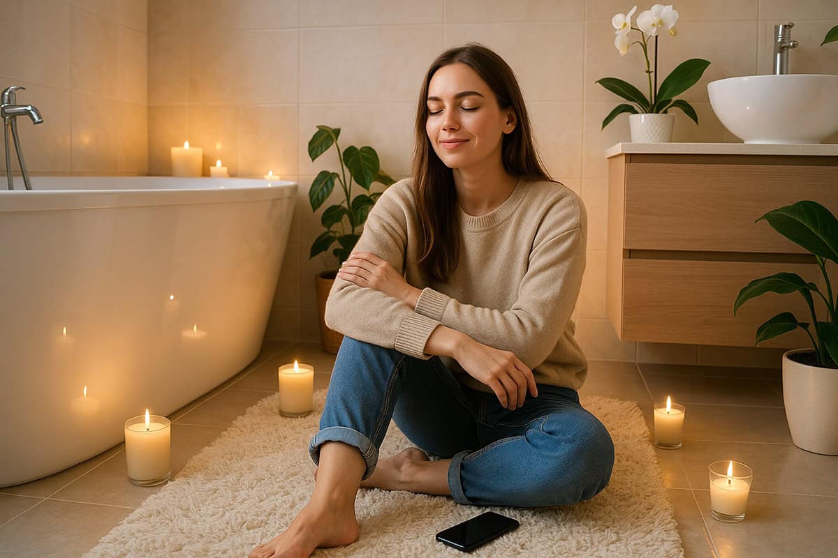 Bathroom Camping - Junge Frau relaxed im Badezimmer